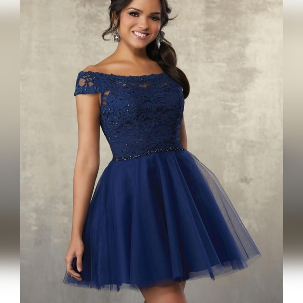 DAMAS DE VIZCAYA BY MORILEE 9476 Formal Prom Dress Navy Blue Sequins Tulle SZ6